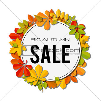 Sale banner with bright autumn leaves isolated on white background.
