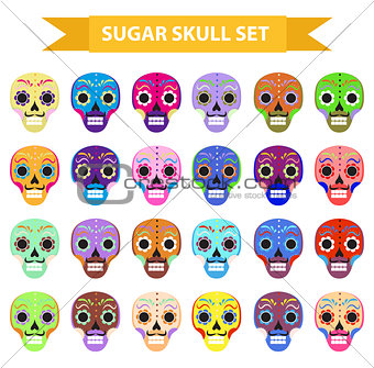 Day of the dead holiday in mexico icons set with sugar skulls. Flat style. Skeleton collection. Dia de Muertos concept. Vector illustration.