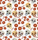 Day of the dead holiday in Mexico seamless pattern with sugar skulls. Skeleton endless background. Dia de Muertos repeating texture. Vector illustration.