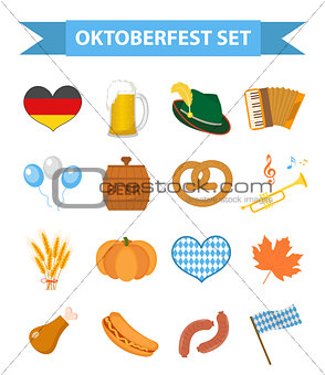 Oktoberfest icon set, flat or cartoon style. October fest in germany collection of traditional symbols, design elements with beer, food, cap. Isolated on white background. Vector illustration.