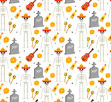 Day of the dead holiday in Mexico seamless pattern with sugar skulls. Skeleton endless background. Dia de Muertos repeating texture. Vector illustration.