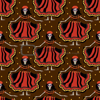 Dia de los muertos Calavera Katrina seamless pattern. Day of the dead with dead girl endless background. Repeating texture. Vector illustration.