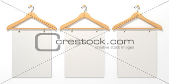 Wooden hangers with blank sign. 3D