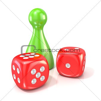 Board game figure with two red dice. 3D