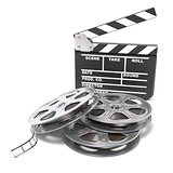 Film reels and movie clapper board. Video icon. 3D