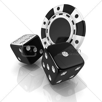 Black gambling chips and dices. 3D