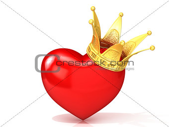 Red heart with golden crown. 3D