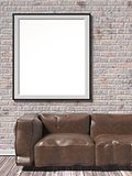 Mock up white empty picture frame with brown leather sofa. 3D