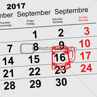 September 16, 2017 Oktoberfest. Calendar beer mug reminder icon