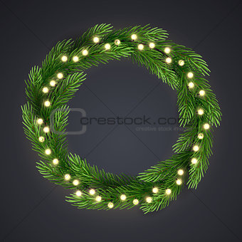 Green Christmas wreath with incandescent light string and pine tree branches. Vector template, space for text.