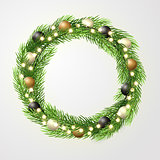 Green Christmas wreath with incandescent light string, fir-tree branches and christmas decorations. Vector template, space for text.