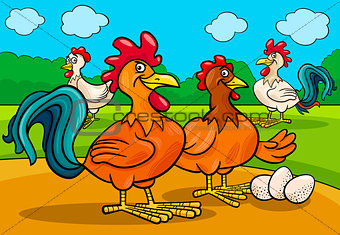 chicken characters group cartoon illustration