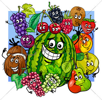 witty fruit characters group cartoon
