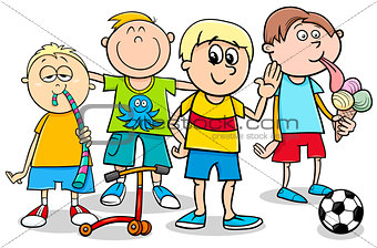 kid boys with toys cartoon illustration