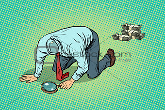Headless man looking through a magnifying glass money