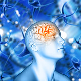 3D male figure with brain highlighted on virus cell background