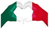 Two palms make heart shape. Mexican flag