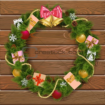 Vector Christmas Wreath on Wooden Board 8