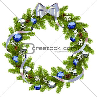 Vector Fir Wreath with Blue Decorations