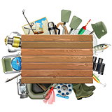 Vector Old Wooden Board with Fishing Tackle
