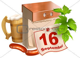 September 16, 2017 Oktoberfest. Beer festival symbols wooden beer mug, green leaves hop, tear-off calendar, fried sausages