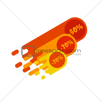 Discount in the form of soaring fiery meteorites for minus twenty, thirty and fifty on a white background