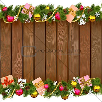 Vector Seamless Christmas Border with Gifts on Wooden Board