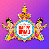 Lady burning diya on Happy Diwal Holiday background for light festival of India