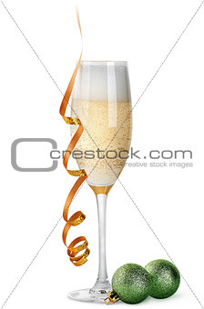 Glass of champagne and Christmas balls