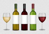 Transparent wine bottles and wineglasses mockup. red and white wine in bottle and glasses isolated. Vector illustration.