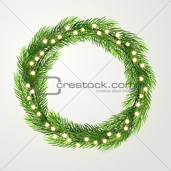 Green wreath with lights and christmas tree branches. Vector template, space for text.