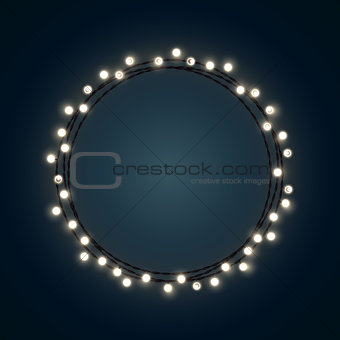 White Christmas incandescent light string wreath on the dark blue background. Vector outdoor patio lights.