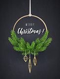Round New Year's wreath with fir branches. Modern Christmas interior decoration, vector illustration.