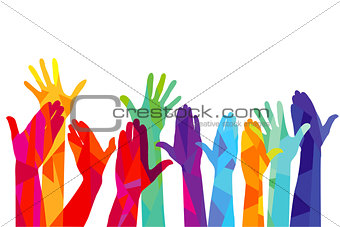 Colorful hands are stretching upwards. illustration