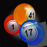 Trio of bingo lottery balls with single panel over black
