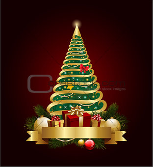 Golden decorative christmas tree with banner and decorations