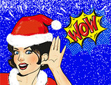 Vector Snow Maiden surprised face closeup in snow, pop art comic style Christmas winter woman illustration