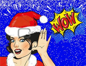 Vector Snow Maiden surprised face closeup in snow, pop art comic style Christmas winter woman illustration
