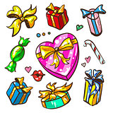 Funny cartoon colorful gift boxes set. Vector illustration.