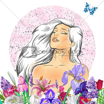 portrait of young beautiful blond woman with flowers
