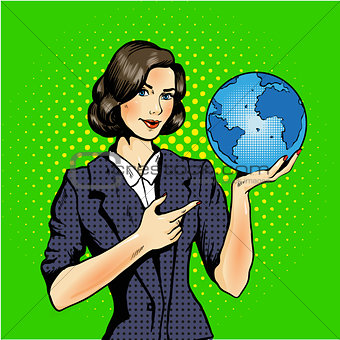 Cartoon of a woman holding a globe pop art comic