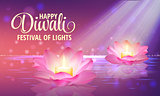 Diwali. Vector. Festival of light background. Greeting background with pink lotus and a burning candle inside.