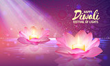 Vector illustration of burning candle in lotus flowers. Happy Diwali Holiday background. Festival of lights greeting card