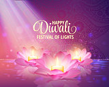 Diwali greeting background. 3D Vector. Festival of lights illustration. Lotus Oil Lamp.
