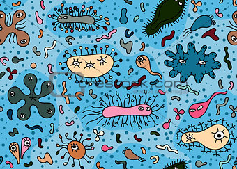 Hand drawn seamless bacterium pattern. Vector illustration