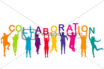 Men and women colorful silhouettes holding word COLLABORATION in