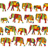 Seamless pattern with elephants in ethnic motifs