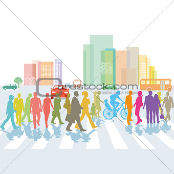 Group of people on the pedestrian crosswalk. illustration