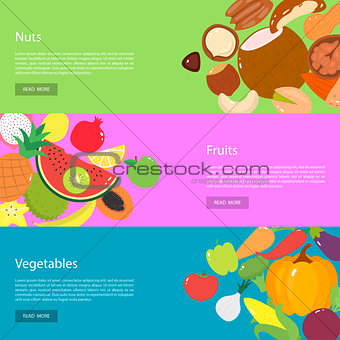 Template design horizontal web banners for nuts, fruits and vegetables.