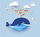 Whale flying on blue sky background
